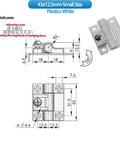 White plastic hinge, 1 pc, with adjustable damping torque; 43×12.5 mm; side and top views, four mounting holes Ø4.4.