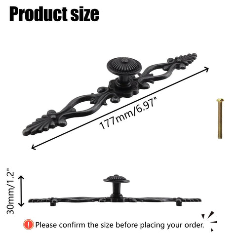Antique Black Cabinet Pulls 2 Pack Classic Vintage Dresser Drawer Handles Six Point Nine Seven Inch Length 128mm Center To Center 5 Hole Spacing Zinc Alloy With Screws For Furniture Cabinets Cupboards Dressers, shown with dimensions and screws