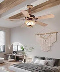 52 Inch Modern Rustic Ceiling Fan With Light Glass Cover And Antler Finish 5 Wood Blades Chandelier Style in bedroom