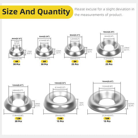 160 Pcs 304 Stainless Steel Finish Countersunk Cup Washers Set In Seven Sizes Size 4 Through Size 16 Silver Hardware Kit For DIY Projects, Robotics And Aircraft With Handy Storage Box.