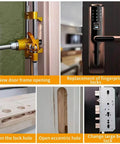 Door Lock Hole Opener Kit For Installing Doors Pro Grade Mortiser Jig For Wooden Doors No Fuss Door Lock Installation Jig Mortising Machine Hinge Jig Lock Tongue Groove Unlocking Hole Replacement Kit displayed with various lock installations and tool components.