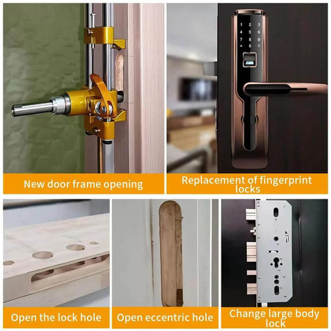 Door Lock Hole Opener Kit For Installing Doors Pro Grade Mortiser Jig For Wooden Doors No Fuss Door Lock Installation Jig Mortising Machine Hinge Jig Lock Tongue Groove Unlocking Hole Replacement Kit displayed with various lock installations and tool components.