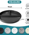 9 Inch Portion Control Plate Set For Weight Loss With 5 Plastic Divided Plates For Adults And Kids In 3 Compartments, black plate displayed
