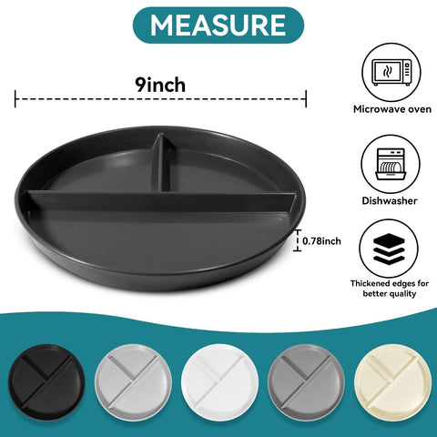 9 Inch Portion Control Plate Set For Weight Loss With 5 Plastic Divided Plates For Adults And Kids In 3 Compartments, black plate displayed