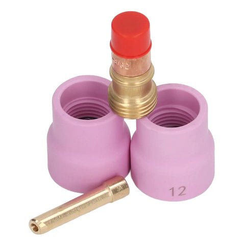 Pro Grade 4 Piece Welding Cup Torch Collet Set For WP17 WP18 WP26 TIG Torches, built tough copper PTFE parts, two cups, body, collet shown