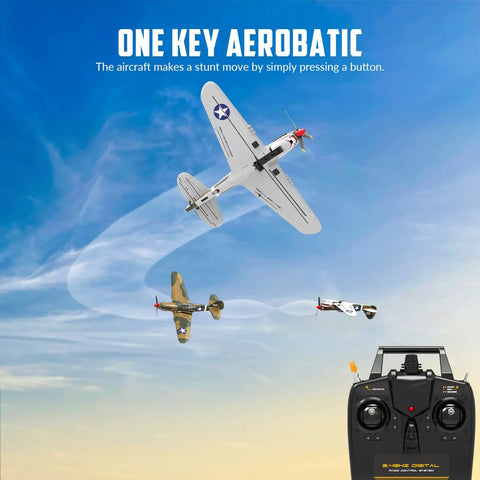 4 Channel RC Plane P40 Fighter with Aileron and 6 Axis Gyro performing aerobatic maneuvers above field, controller visible