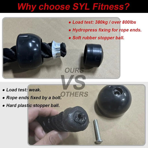 Comparison of Heavy Duty Tricep Rope Attachment For Cable Machines 27 And 35 Inch, showing solid rubber end and stopper
