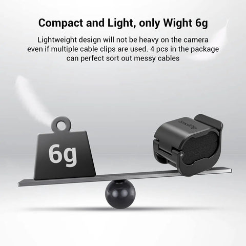 Camera Cable Lock Clamp 4 Pack For HDMI SDI And Microphone Cables Keeps DSLR Rig Cages And Handles Looking Clean No Cable Mess One Quarter Inch Twenty Mount Compatible, showing lightweight 6g balance with clamp on scale