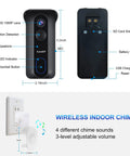 Wireless Doorbell Camera With Chime 2K QHD Video Two Way Audio Motion Detection With PIR Infrared Night Vision, front and back view.