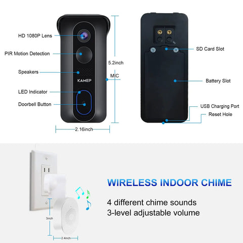 Wireless Doorbell Camera With Chime 2K QHD Video Two Way Audio Motion Detection With PIR Infrared Night Vision, front and back view.