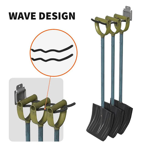 Heavy Duty 12 Inch Wave Garage Hooks 4 Pack Wall Mount Tool Organizer For Cars, Tires, Ladders, Chairs, Power Tools, Garden Tools And More Steel Storage Hooks For Garage And Workshop, shown holding shovels.