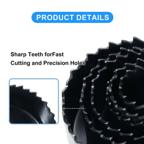 11-piece hole saw kit with black metal blades, sizes 3/4 to 2-1/2 inches, includes mandrels and storage box