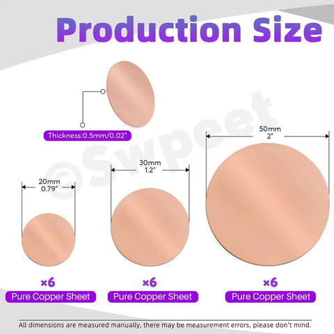 Copper Sheet Kit 18 Pcs in Three Sizes 0.02 Inch Thick Pure Copper Sheets for Crafts DIY Jewelry Electrical Repairs and Industrial Projects Includes 0.75 Inch, 1.2 Inch, and 2 Inch Pieces production size chart.