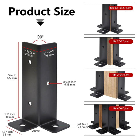 Four Pack Adjustable Half Column Post Base Brackets for 1.5x1.5, 2x2, 2x4, and 4x4 wood posts, front and side views