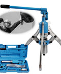 Rock Solid Hydraulic Bearing Puller Kit Adjustable For Vertical Or Horizontal Use Knocking Out Stubborn Bearings And Gears With Zero Sweat Includes Rugged Carrying Case And Heavy Steel Build with tools in blue case.