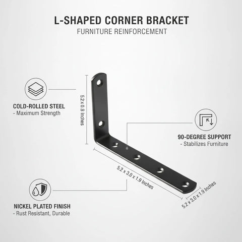Beefed-Up Heavy Duty L Shaped Corner Bracket For Furniture Reinforcement, Wobble Free Shelf And Desk Support, size 5.2 x 3.0 x 1.9 in.