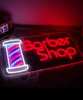 Lit Barber Shop Neon Sign For Wall Decor LED Neon Lights Red Blue White 24 By 13.8 Inch Indoor Display on dark background