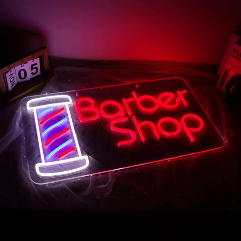 Lit Barber Shop Neon Sign For Wall Decor LED Neon Lights Red Blue White 24 By 13.8 Inch Indoor Display on dark background