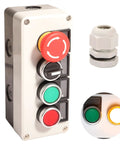 Must Have Push Button Control Station With Emergency Stop Mushroom Latching, Red Mushroom E Stop And Red Green Momentary Start Stop