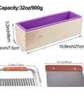 Image showing DIY Soap Making Cutting Kit With Two Purple Silicone Molds In Wood Boxes Adjustable Wood Cutter And Stainless Steel Wavy And Straight Scrapers For Quick Hands On Soap Crafting including dimensions.