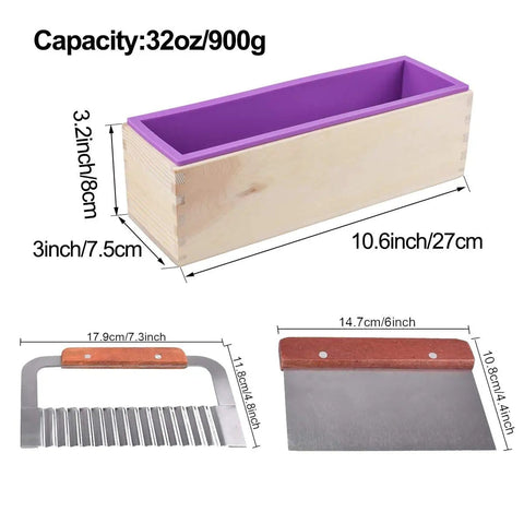 Image showing DIY Soap Making Cutting Kit With Two Purple Silicone Molds In Wood Boxes Adjustable Wood Cutter And Stainless Steel Wavy And Straight Scrapers For Quick Hands On Soap Crafting including dimensions.