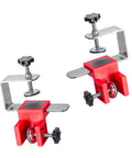 Rock Solid Stainless Steel Drawer Panel Clamp With Zero Hassle Adjustable Side Mount And Precision Knob For Smooth Fine Tuning Non Slip Silicone Pads Keep Wood Looking Pristine, featuring red clamps with steel jaws.