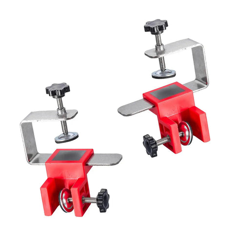 Rock Solid Stainless Steel Drawer Panel Clamp With Zero Hassle Adjustable Side Mount And Precision Knob For Smooth Fine Tuning Non Slip Silicone Pads Keep Wood Looking Pristine, featuring red clamps with steel jaws.