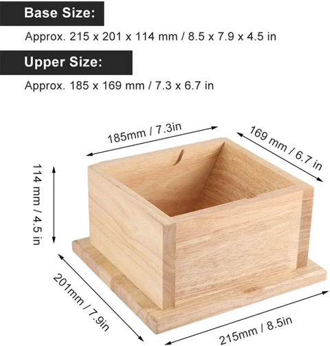 Top Shelf Stainless Steel Coffee Knock Box With Solid Wood Base Massive Grounds Bin dimensions and details on sturdy wooden design.
