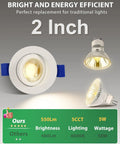 zouzai 2 Inch Gimbal LED Recessed Lights, 5CCT, 5W 550LM, White 4 Pack with efficiency details and comparison to standard lights.