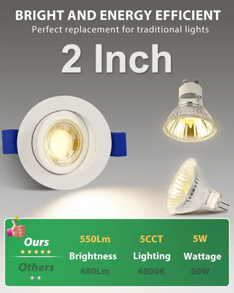 zouzai 2 Inch Gimbal LED Recessed Lights, 5CCT, 5W 550LM, White 4 Pack with efficiency details and comparison to standard lights.