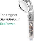 Filtered Shower Head With Eco Power High Pressure Water Softener, featuring spa like ionic beads and no fuss on off switch.