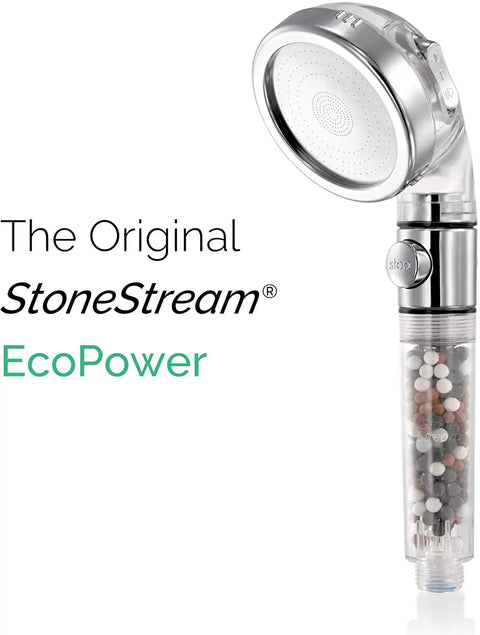 Filtered Shower Head With Eco Power High Pressure Water Softener, featuring spa like ionic beads and no fuss on off switch.