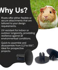 Knockout Quality Ratchet Rivets For Coroplast C And C Cage Panels showcasing black ABS connectors and a guinea pig backdrop.