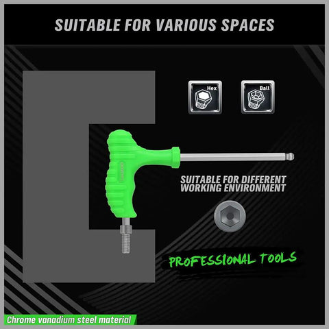 Long Arm T Handle Allen Wrench Set Built Tough With Ball End Hex Keys For Metric And SAE Sizes with green ergonomic grip.