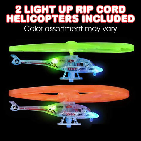 Light Up Flying Helicopters Set Of 2 With LED Lights And Handheld Launcher, showcasing green and orange LED blades.