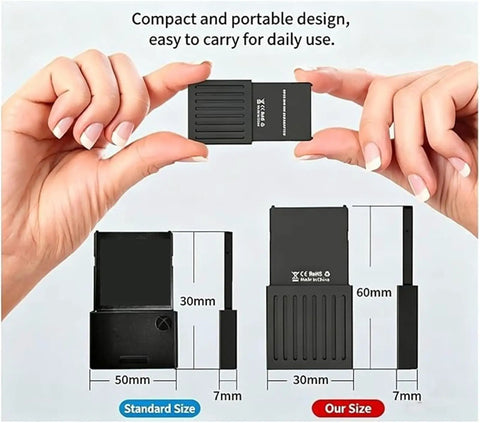 M.2 NVMe Expansion Card For Xbox Series X And S 1TB PCIe 4.0 2230 shown in hand, highlighting compact design and size.