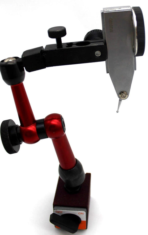 Mini magnetic base indicator holder with red metal arm and dial indicator head