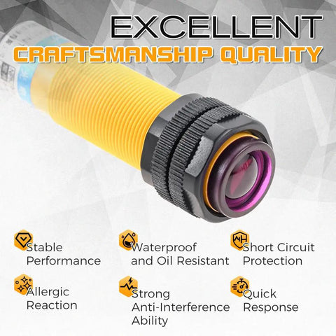 Close-up of M18 photoelectric sensor showcasing excellent craftsmanship with waterproof and short circuit protection features.