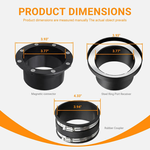Dimensions of 4 Inch Magnetic Dust Collection Fittings Kit For Woodworking Shops, showing magnetic connector, port receiver, and coupler.