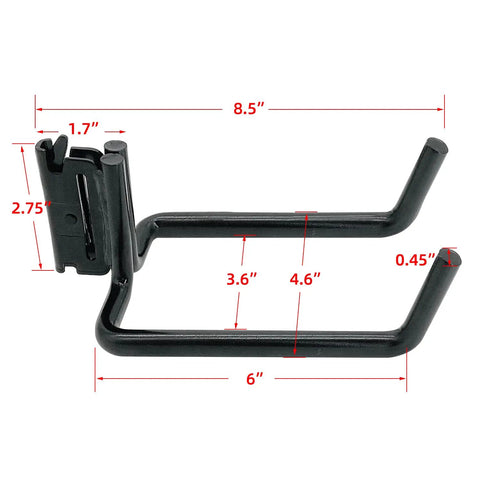 Heavy Duty E Track Shovel Hanger 4 Pack For Long Handled Tools Steel Double J Hook Tool Organizer Black with dimensions