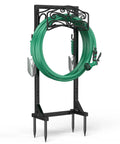 Freestanding Garden Hose Holder Stand With Heavy Duty Build, 2 Tool Hooks, Holds 150 Foot Water Hose, 4 Spike Stable Base