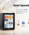 30 Liters Upright Freezer With Door Lock Compact Single Door Design Energy Efficient Chill Zone Clutch For Keeping Your Frozen Stash Frosty In Small Kitchen Or Office Spaces showcasing a black mini fridge with fruits.