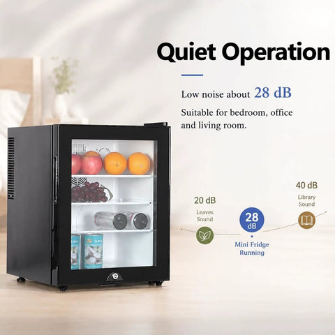 30 Liters Upright Freezer With Door Lock Compact Single Door Design Energy Efficient Chill Zone Clutch For Keeping Your Frozen Stash Frosty In Small Kitchen Or Office Spaces showcasing a black mini fridge with fruits.