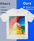 Comparison of color quality on T-shirt, showcasing High Quality Sublimation Paper Set 100 Sheets 8.5 X 11 Inches 125 GSM.