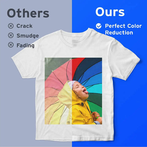 Comparison of color quality on T-shirt, showcasing High Quality Sublimation Paper Set 100 Sheets 8.5 X 11 Inches 125 GSM.