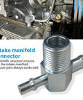 Intake manifold vacuum T fitting, zinc-plated steel, 3/8 in NPT with 1/4 in and 3/8 in nipples, installed in engine bay