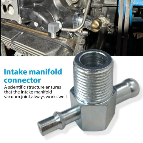 Intake manifold vacuum T fitting, zinc-plated steel, 3/8 in NPT with 1/4 in and 3/8 in nipples, installed in engine bay