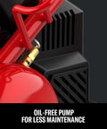 Close-up of Two Gallon Portable Air Compressor With One Third HP Max, 125 PSI, oil-free pump for DIY projects and auto jobs