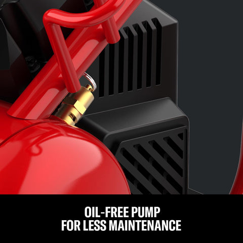 Close-up of Two Gallon Portable Air Compressor With One Third HP Max, 125 PSI, oil-free pump for DIY projects and auto jobs