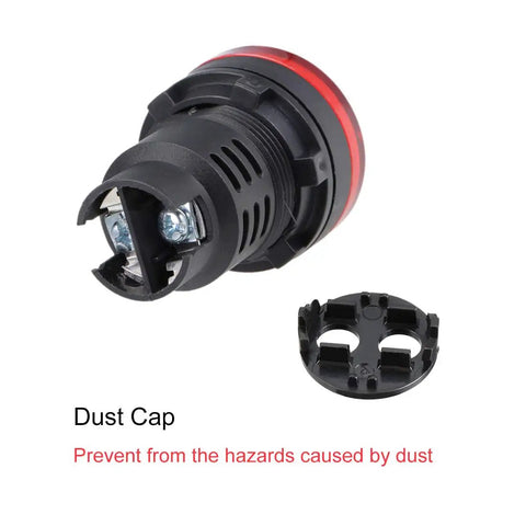Back view of Red Indicator Light With Buzzer 24V AC DC Panel Mount 28mm with removable dust cap, showing components.